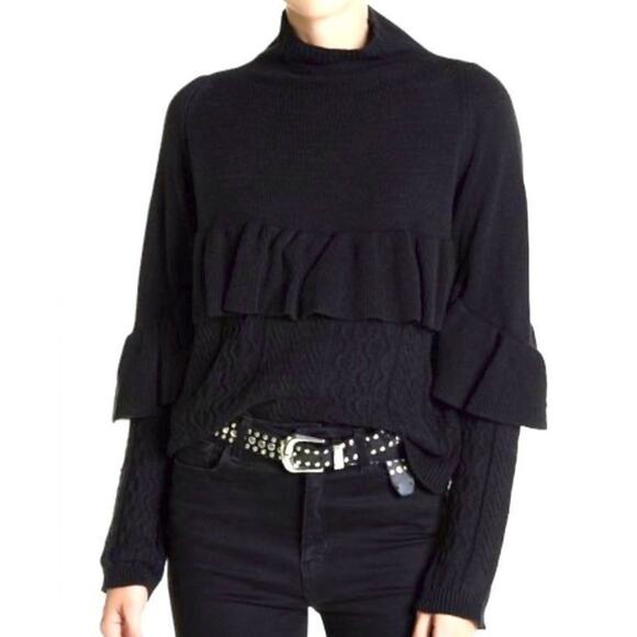 Project x Naadam Volta Mock Neck Cable Knit Sweater with Ruffle Size XS Black - Picture 1 of 15